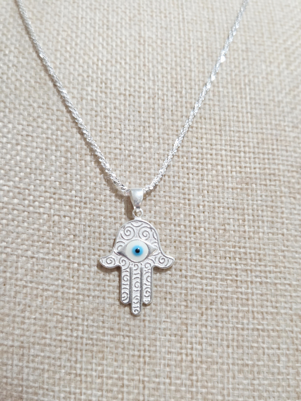Silver Hamsa Hand Necklace with Blue Evil Eye - Women Jewelry